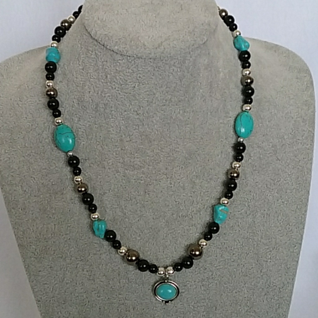 Turquoise & Silver Charm Beaded Necklace
